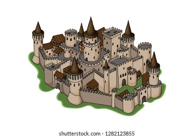 Sketch illustration of old city isolated on white background. Vector colored doodle hand drawn art. Royal european medieval castle with towers and fortress walls like ancient map style