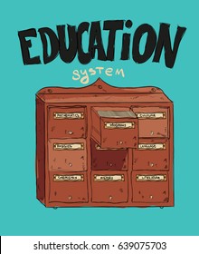 Sketch illustration on the subject of the education system. An antique cupboard-catalog.