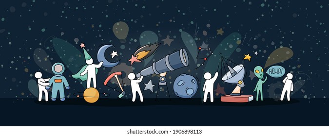 Sketch illustration - people with astronomy symbols. Doodle cute template about space. Hand drawn cartoon vector school design.