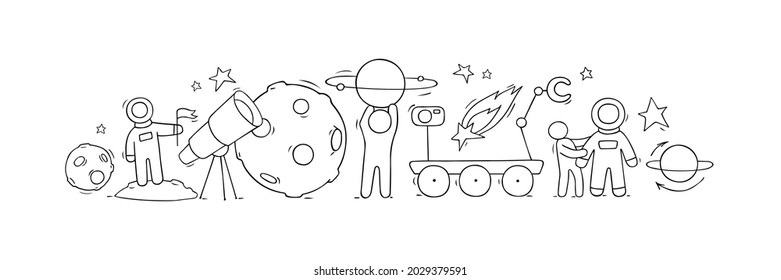 Sketch illustration - people with astronomy symbols. Doodle cute template about space. Hand drawn cartoon vector school design.