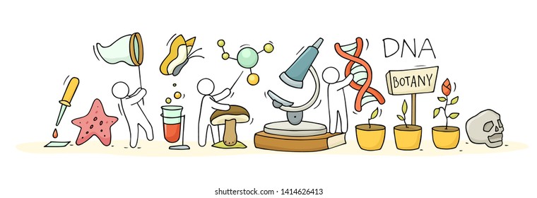 Sketch illustration - people with biolodgy symbols. Doodle cute banner about science. Hand drawn cartoon vector school design.