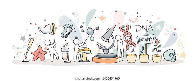 Sketch illustration - people with biolodgy symbols. Doodle cute banner about science. Hand drawn cartoon vector school design.