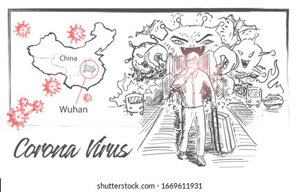 Sketch Illustration of People use Maskers Leaves China or Wuhan because of Corona Virus