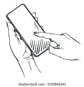 Sketch illustration of a person's hand holding a mobile phone. Dialing a number on the interactive screen. Isolated on white background. Vector.