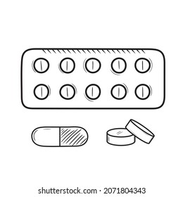 Skizze Illustration von Pillenblister. Drugstore Produkt. Schwarze Umrandung mit runden Tabletten und Kapsel. Einzige Zeichnung auf Weiß