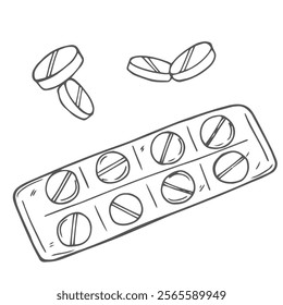 Sketch illustration of pills blister. Drugstore product. Black outline doodle of round tablets and capsule. Isolated drawing on white