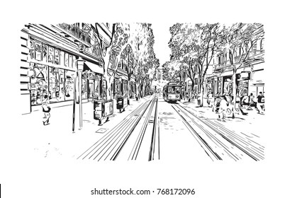 Sketch illustration of San Fransisco road traffic inside the city, USA in vector.