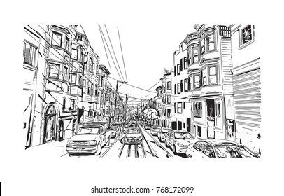 Sketch illustration of San Fransisco road traffic inside the city, USA in vector.
