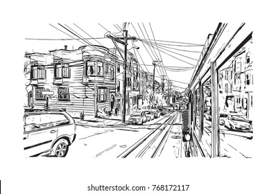 Sketch illustration of San Fransisco road traffic inside the city, USA in vector.