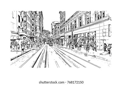 Sketch illustration of San Fransisco road traffic inside the city, USA in vector.