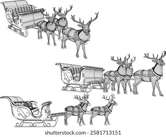 sketch illustration of Santa Claus' carriage on Holy Day with reindeer being pulled