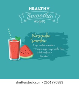 Esboço ilustração com uma receita de smoothie, ideal para restaurante ou café. Arquivo vetorial EPS8 em camadas para fácil manipulação e coloração. 