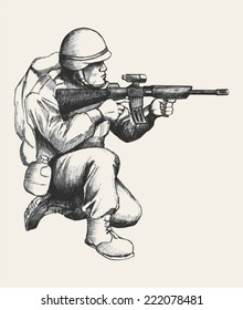 Sketch Illustration Of A Soldier Kneel Down Aiming A Weapon