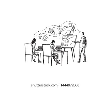 Sketch Illustration Of Successful Business People Making Strategy And Plan.Vector Office Concept.