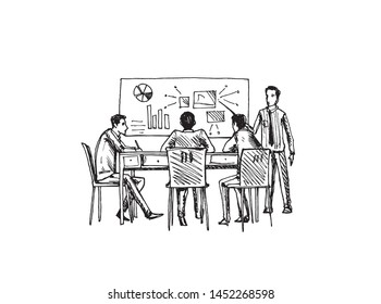 Sketch illustration of successful business people making strategy and plan.Vector office concept.