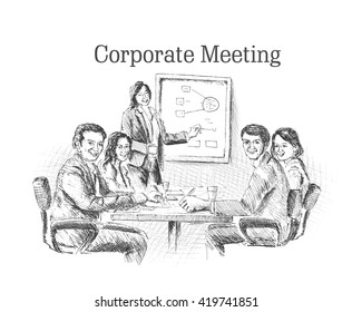 Sketch Illustration Of Successful Business People Making Strategy And Plan.Vector Office Concept.