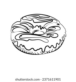 Sketch illustration of a sweet doughnut cake. Confectionery sweets. Hand-drawn vector illustration. An engraving in vintage style. Drawing for the cafe menu. Eps 10