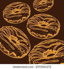 Sketch illustration of a sweet doughnut cake. Confectionery sweets. Hand-drawn. An engraving in vintage style. Drawing for the cafe menu. 