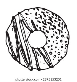 Sketch illustration of a sweet doughnut cake. Confectionery sweets. Hand-drawn. An engraving in vintage style. Drawing for the cafe menu. 