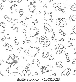Sketch illustration of tea and sweets. Seamless background