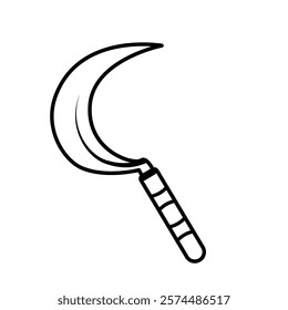 A sketch illustration of a traditional farm scythe, showcasing its curved blade and simple handle, ideal for agricultural, harvesting, or vintage design concepts