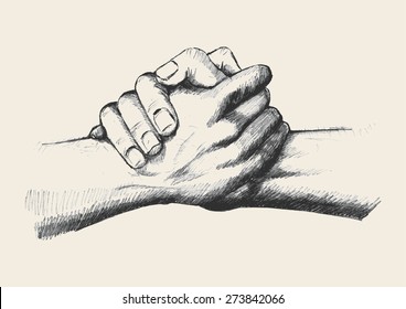 Sketch illustration of two hands holding each other strongly