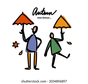 Sketch illustration of two people under umbrellas on autumn background. Vector print couple and yellow leaves. Happy fall season.