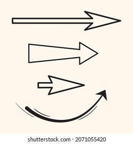 Sketch illustration of various arrows. Black line doodle of direction pointer. Isolated vector elements