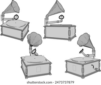 Dibujo del diseño del Vector del viejo reproductor de música clásico del gromophone de la vendimia