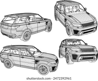 Skizze-Illustration Vektorgrafik detaillierte Konstruktionszeichnung des 4-Rad-Antrieb-Abenteuer-Familienauto