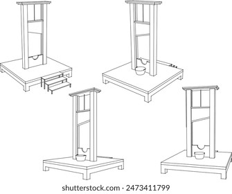 Skizze Illustration Vektorgrafik Detailzeichnung des Designs der Strafe Maschine Enthauptung Maschine der Antike Klassische Vintage Gefangene