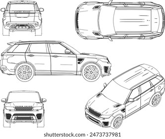 Dibujo detallado del diseño del Vector del coche de la familia de la aventura de la tracción 4 ruedas