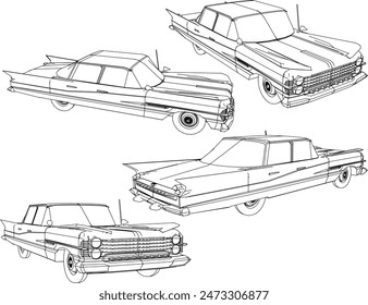 Sketch illustration vector drawing design detail of old classic vintage car museum collection