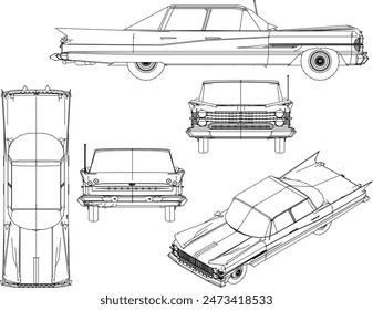 Sketch illustration vector drawing design detail of old classic vintage car museum collection