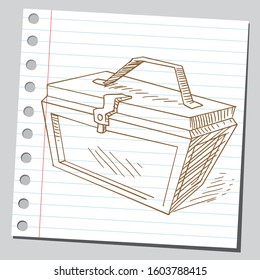 Sketch illustrations of fishing tackle box.