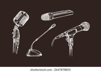Esboço de ilustrações de microfones. Desenhos desenhados à mão esboço coleção de um microfone. Clipart de vetor no estilo de gravação. Conceito de concerto, podcast, apresentação