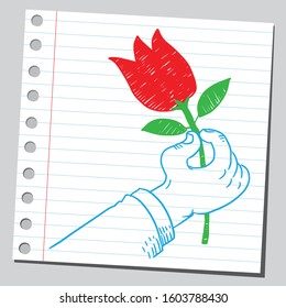 Sketch illustrations of red tulip in hand.
