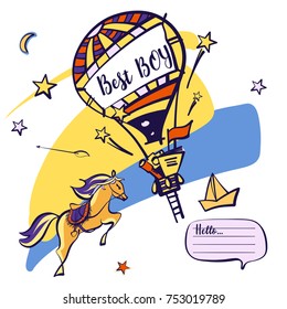Sketch image balloon. Best boy. Happy birthday and kid party invitation. Open space for text.