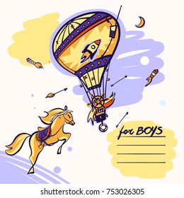 Sketch image balloon and horse. Arrow , starship and moon. Happy birthday and kid party invitation. Open space for text.