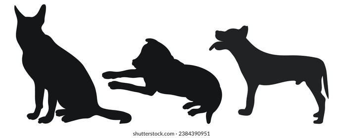 Sketch image of black silhouette dogs, outline of pets. Go, standing, sitting, lying, lie, running, jumping, training, walking, guarding, posing, play, showing 