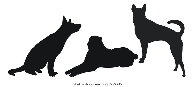 Sketch image of black silhouette dogs, outline of pets. Go, standing, sitting, lying, lie, running, jumping, training, walking, guarding, posing, play, showing 