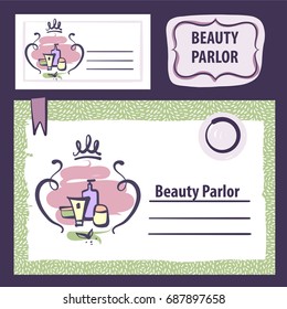 Sketch image bottle with cosmetic accessories. Template logo for beauty salon, boutique, market. Beauty parlor. 