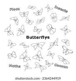 Sketch image of butterfly. Doodle swarm flock of insects