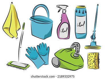 Sketch image of cleaning equipment, rag, towel, bucket, trash can, spray, cleaning powder, mop, mop with roller, gloves, vacuum cleaner, sponge, brush, bleach, cleaner