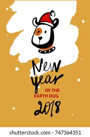 Sketch image of  face dog with red hat on head on white background. 2018 year of earth dog. 