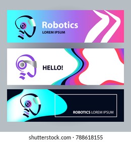 Sketch image head of abstract humanoid machine. AI logo. Concept banner with facial smart robot. Artificial intelligence technology. Graphic design trend modern logotype. Vector illustration. 
