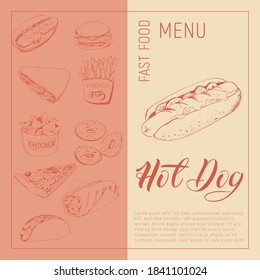Sketch image of hot dog in the style of a sketch on a craft background. Fast food menu - hot dog, burrito, Taco, hamburger, French fries, chicken wings. Vector template for labels, price tags, flyers.