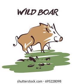 Sketch image illustration. Text Wild boar. Image of hand-drawn boar. Template poster, banner, logo for hunting hobby club.