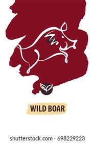 Sketch image illustration. Text Wild boar. Image of hand-drawn boar. Template poster, banner, logo for hunting hobby club.
