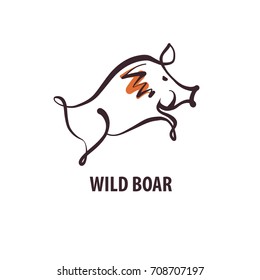 Sketch image illustration. Text Wild boar. Image of hand-drawn boar. Template poster, banner, logo for hunting hobby club.